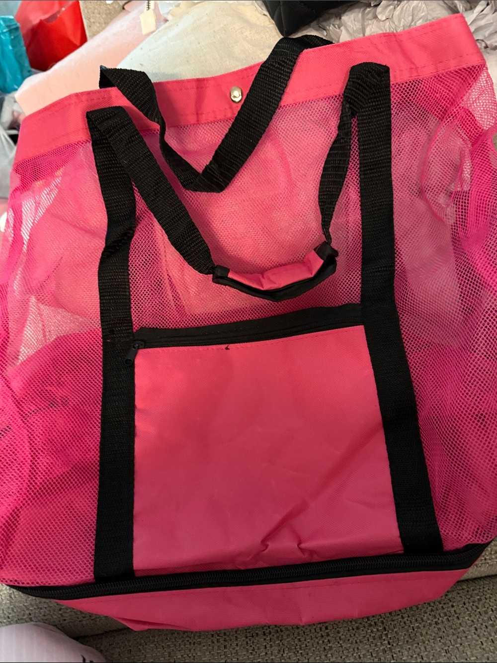 Pink Mesh Tote Beach Bag with Front Pocket